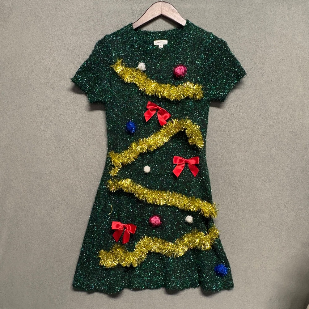 Born Famous Christmas Tree Sweater Dress Womens XS Green TLC Tinsel Metallic